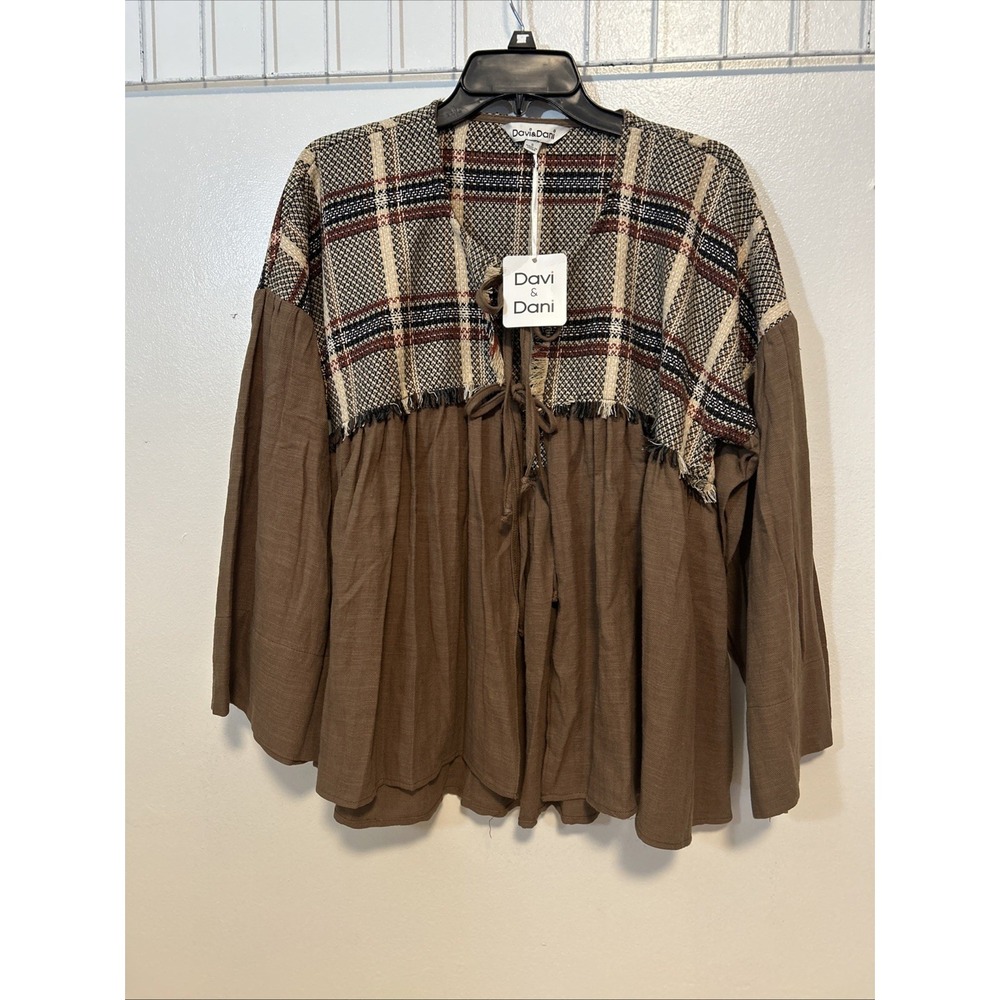 Davi & Dani Women S Top Tweed Brown Plaid Oversized Loose Wide Long Sleeve 6207‎